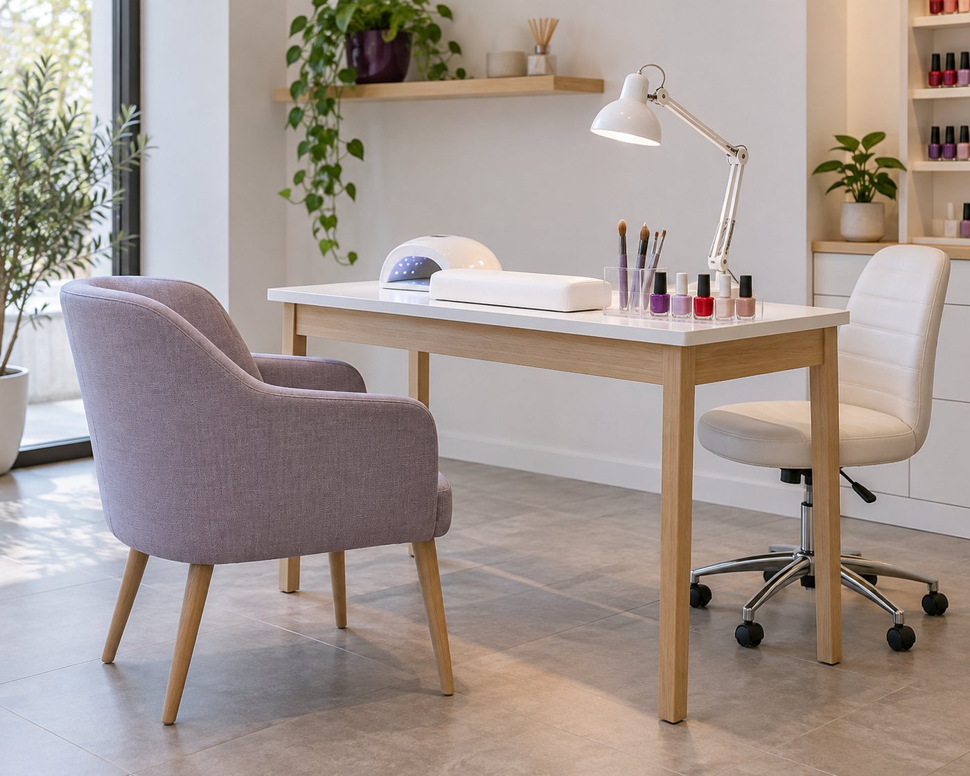 Estação de manicure com mesa de madeira clara, cabine de LED e poltrona lilás