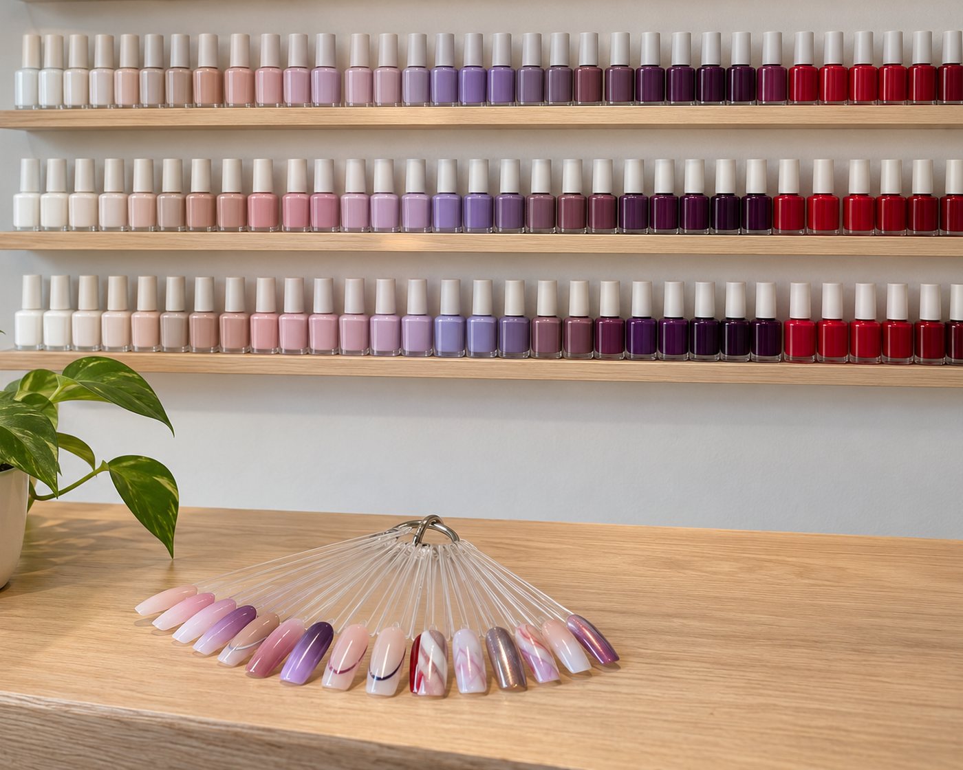Prateleiras com esmaltes em gel em degradê do nude ao roxo e mostruário de nail art